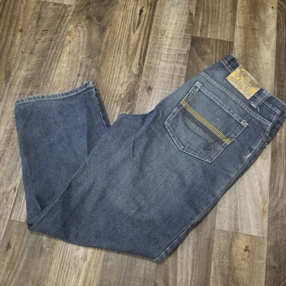 Vintage Discovery Blue Jeans 34x30 Embroidered Yellow Stripes